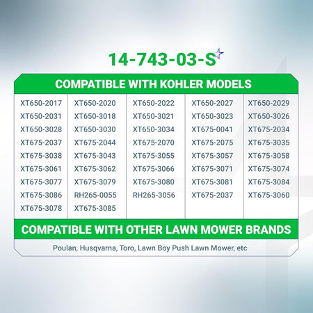 Compatibility chart for 14-743-03-S air filter cover base kit listing Kohler XT650 and XT675 engine model numbers.