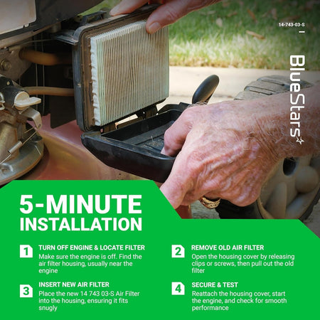 Hands installing a 14 743 03-S air filter into a Kohler engine housing with 5-minute installation instructions.