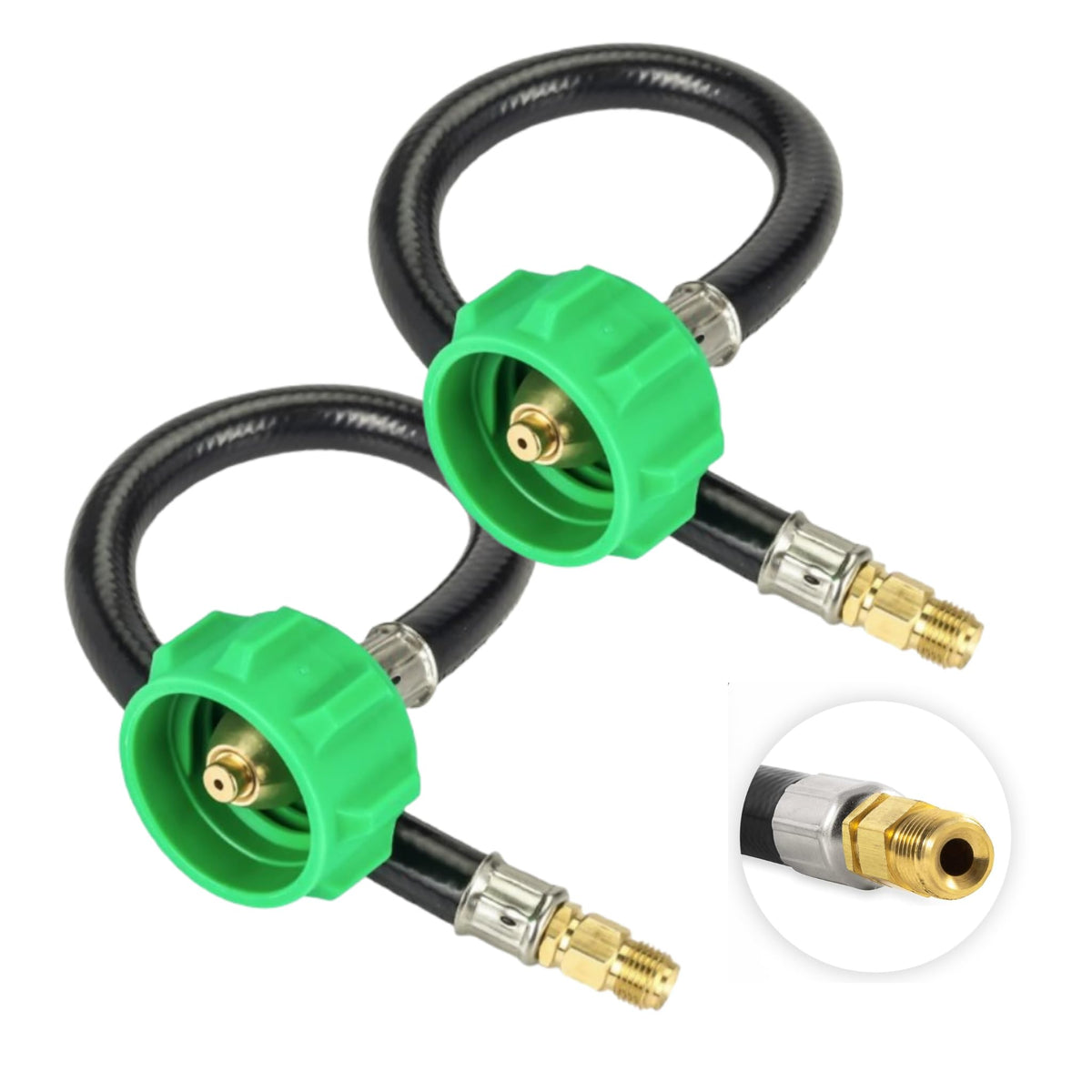 Two 12-inch propane pigtail hoses with QCC1 green Acme nut connectors and brass fittings for RV regulators.