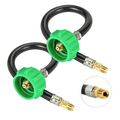 Two 12-inch propane pigtail hoses with QCC1 green Acme nut connectors and brass fittings for RV regulators.