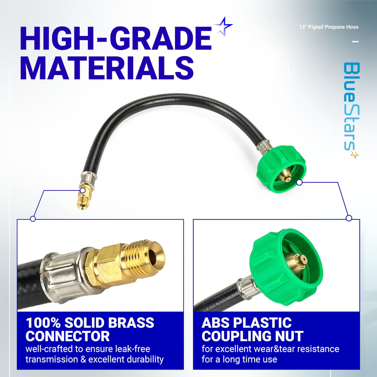 12-inch pigtail propane hose with brass connector and green plastic coupling nut detail.