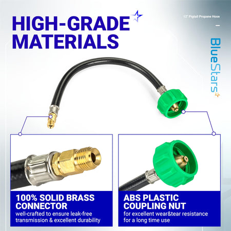 12-inch pigtail propane hose with brass connector and green plastic coupling nut detail.