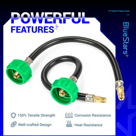 Two 12-inch pigtail propane hose connectors with green plastic tightening knobs and brass fittings.