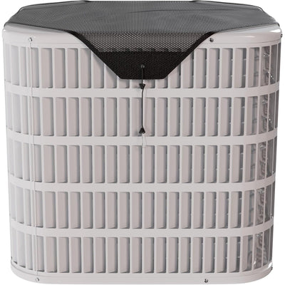 Black mesh AC condenser cover installed on top of a white central air conditioning unit.