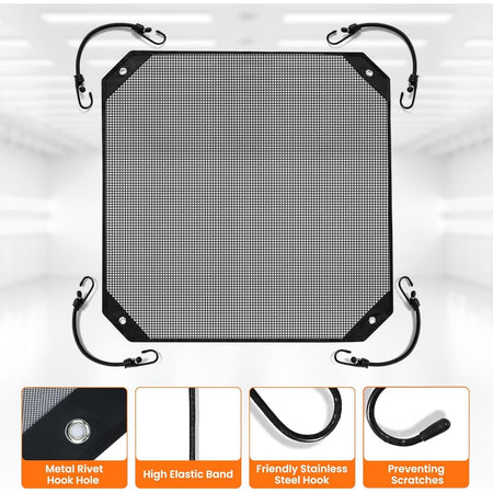 32x32 inch square black mesh AC condenser cover with elastic bungee cords and stainless steel hooks.