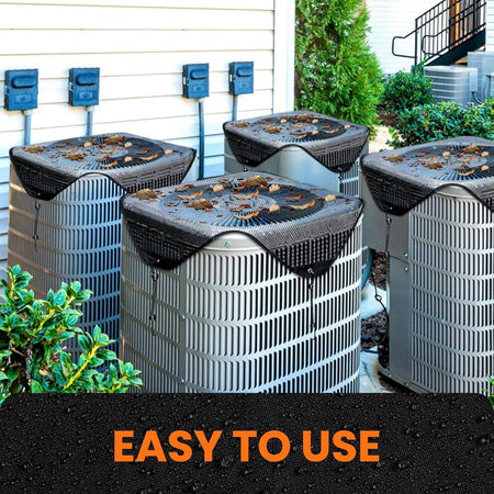 32x32 inch black mesh AC condenser covers installed on multiple outdoor central air conditioning units.