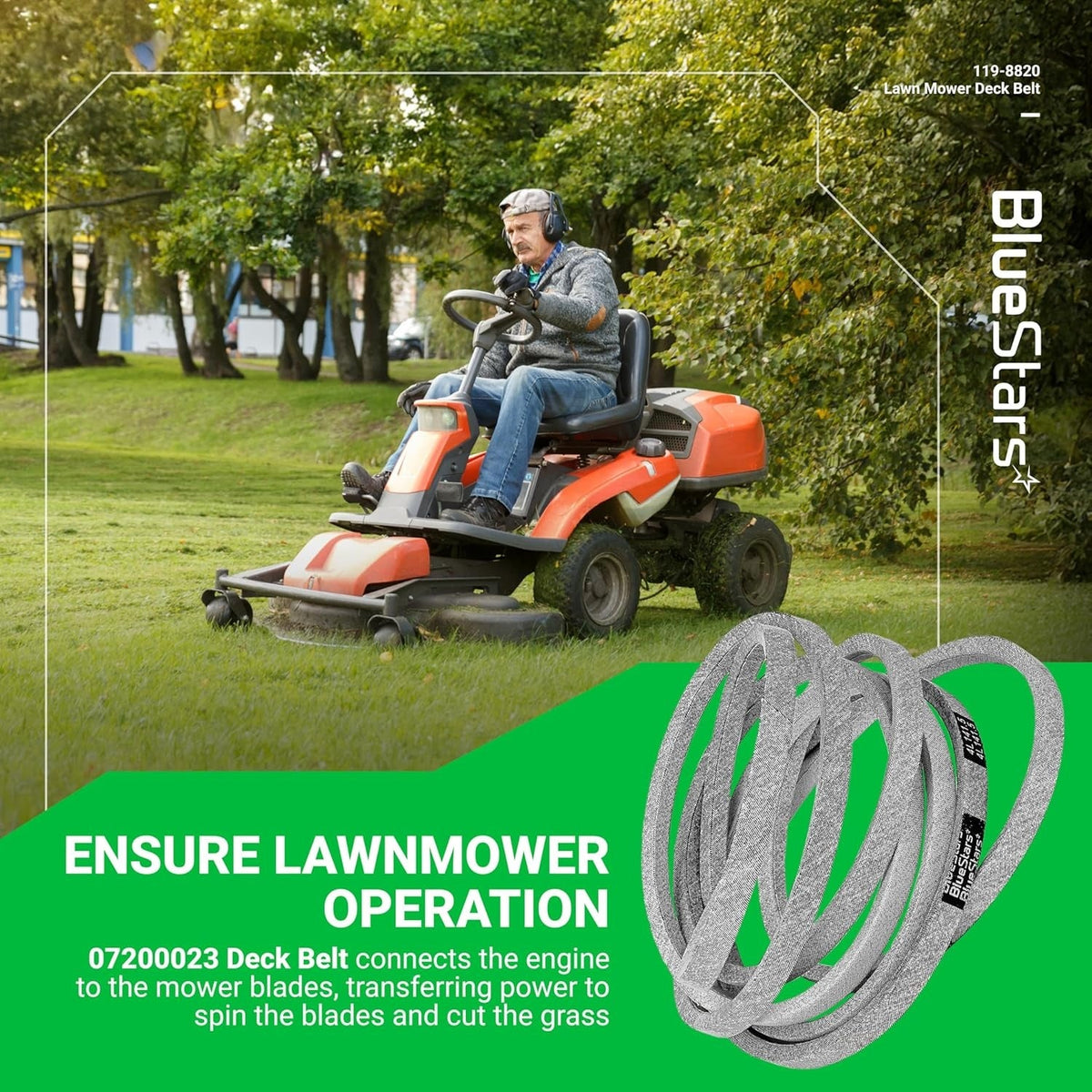 119-8820 mower drive deck V-belt shown in a lifestyle graphic with a lawn mower.