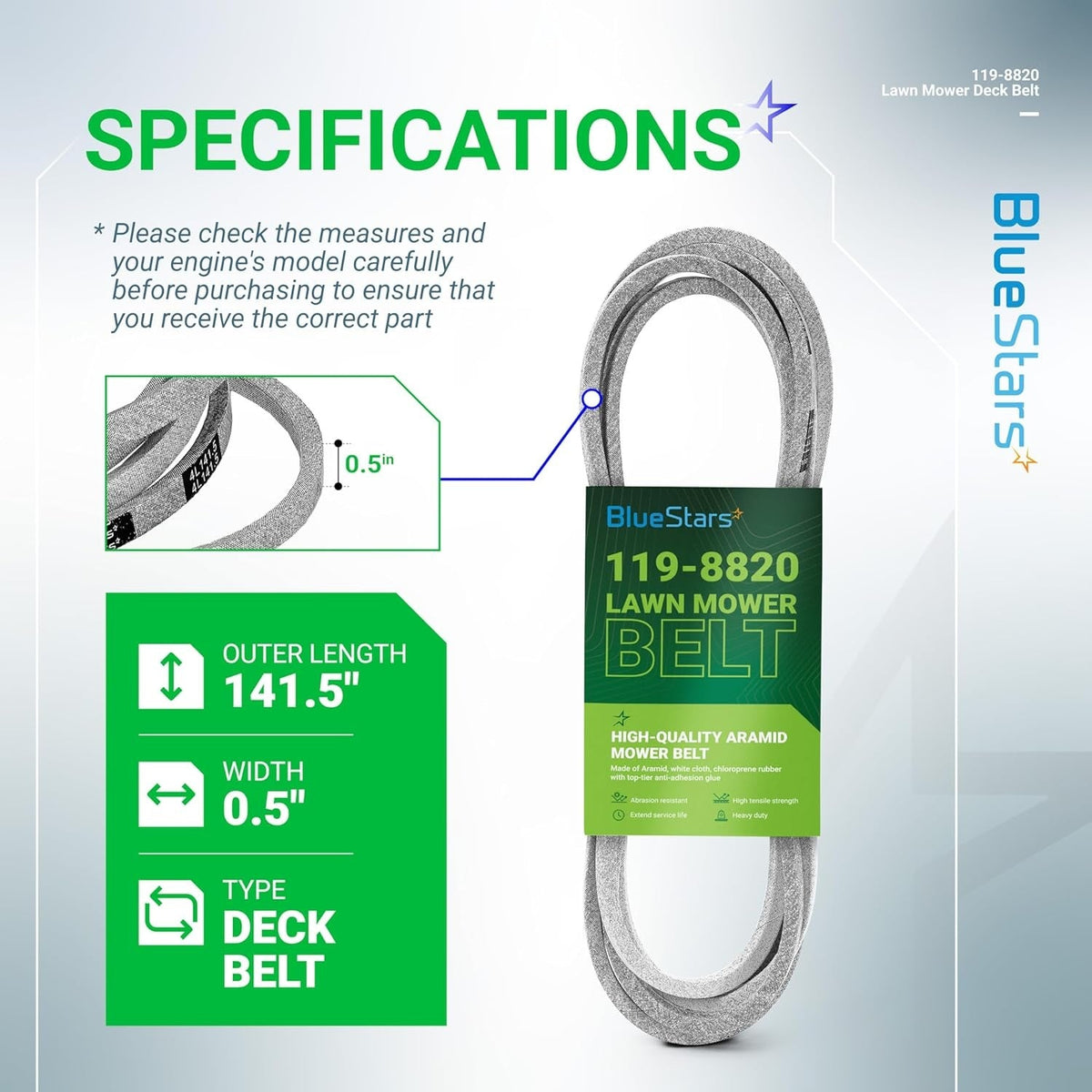 119-8820 mower drive deck V-belt specifications graphic showing 141.5-inch length and 0.5-inch width dimensions.