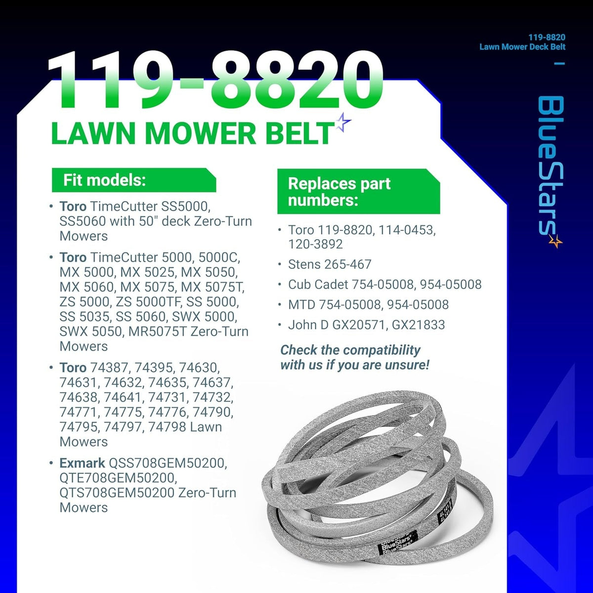 119-8820 mower drive deck V-belt compatibility chart and product image for Toro TimeCutter 50-inch deck mowers.