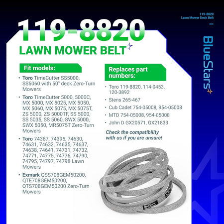 119-8820 mower drive deck V-belt compatibility chart and product image for Toro TimeCutter 50-inch deck mowers.