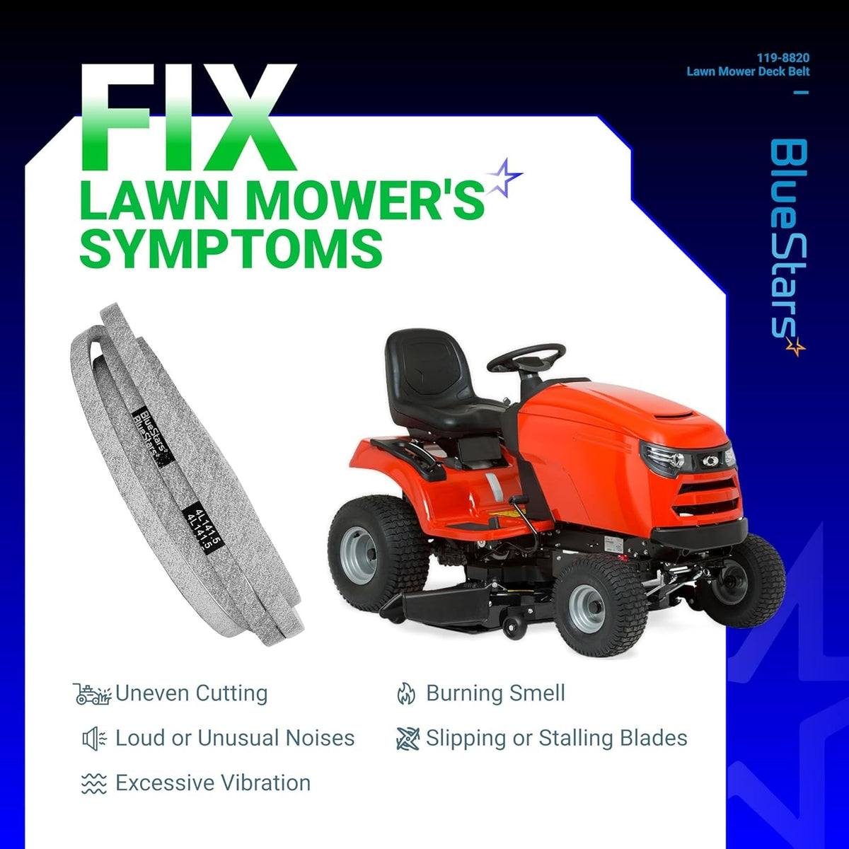 119-8820 mower drive deck V-belt replacement for Toro TimeCutter with troubleshooting symptoms graphic.