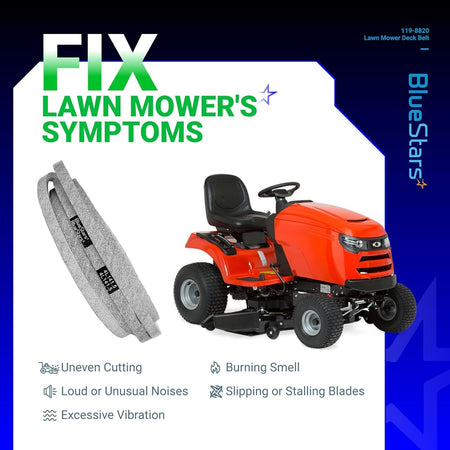 119-8820 mower drive deck V-belt replacement for Toro TimeCutter with troubleshooting symptoms graphic.