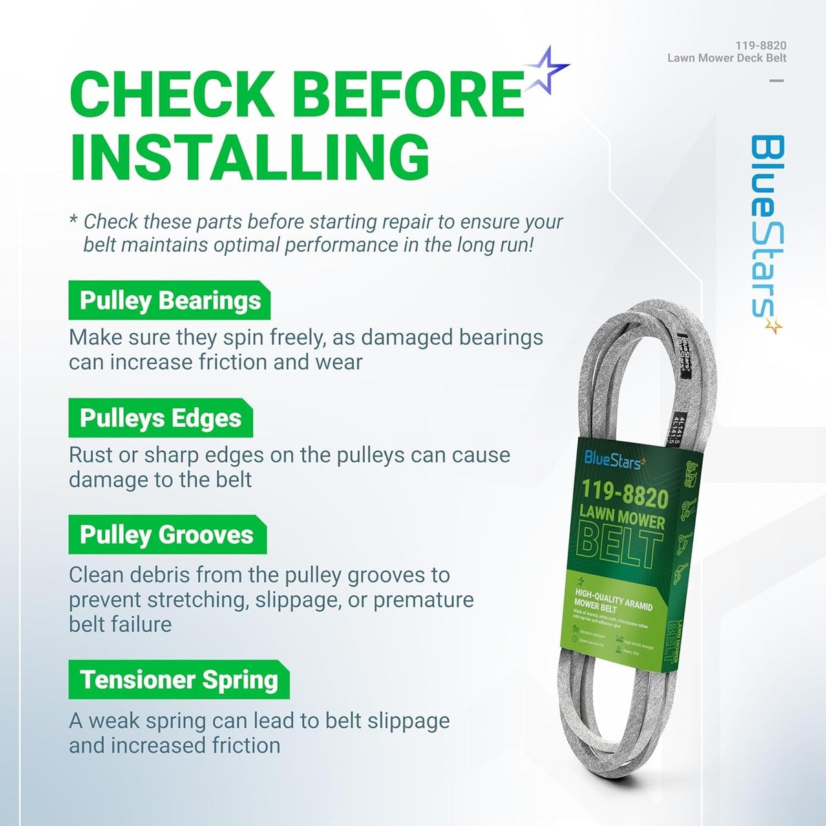 Installation guide for 119-8820 mower drive deck V-belt with maintenance tips for pulleys and tensioner springs.