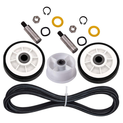 Dryer repair kit including two drum rollers, idler pulley, drum belt, and mounting hardware components.