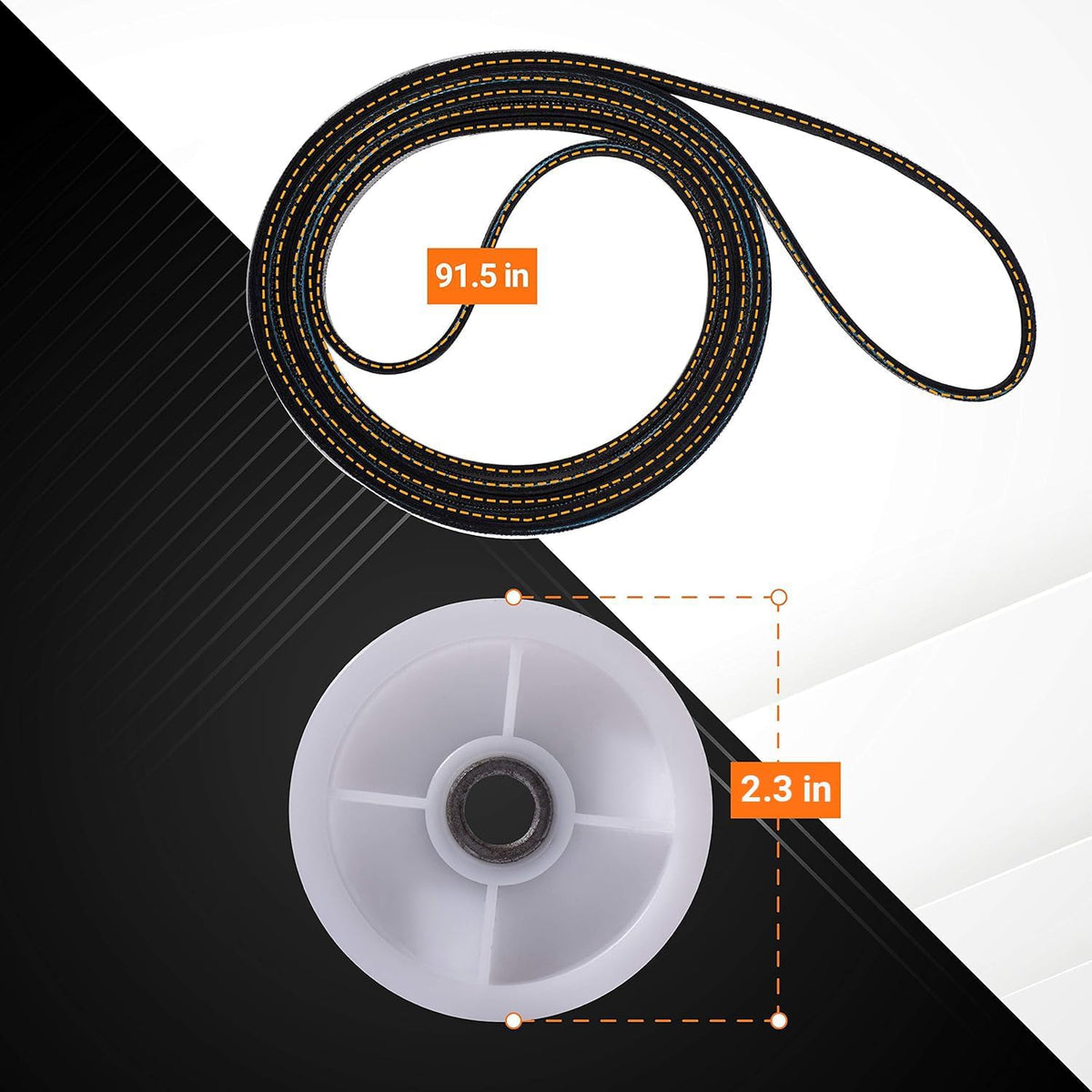Replacement 91.5-inch dryer drum belt and 2.3-inch idler pulley for dryer repair.