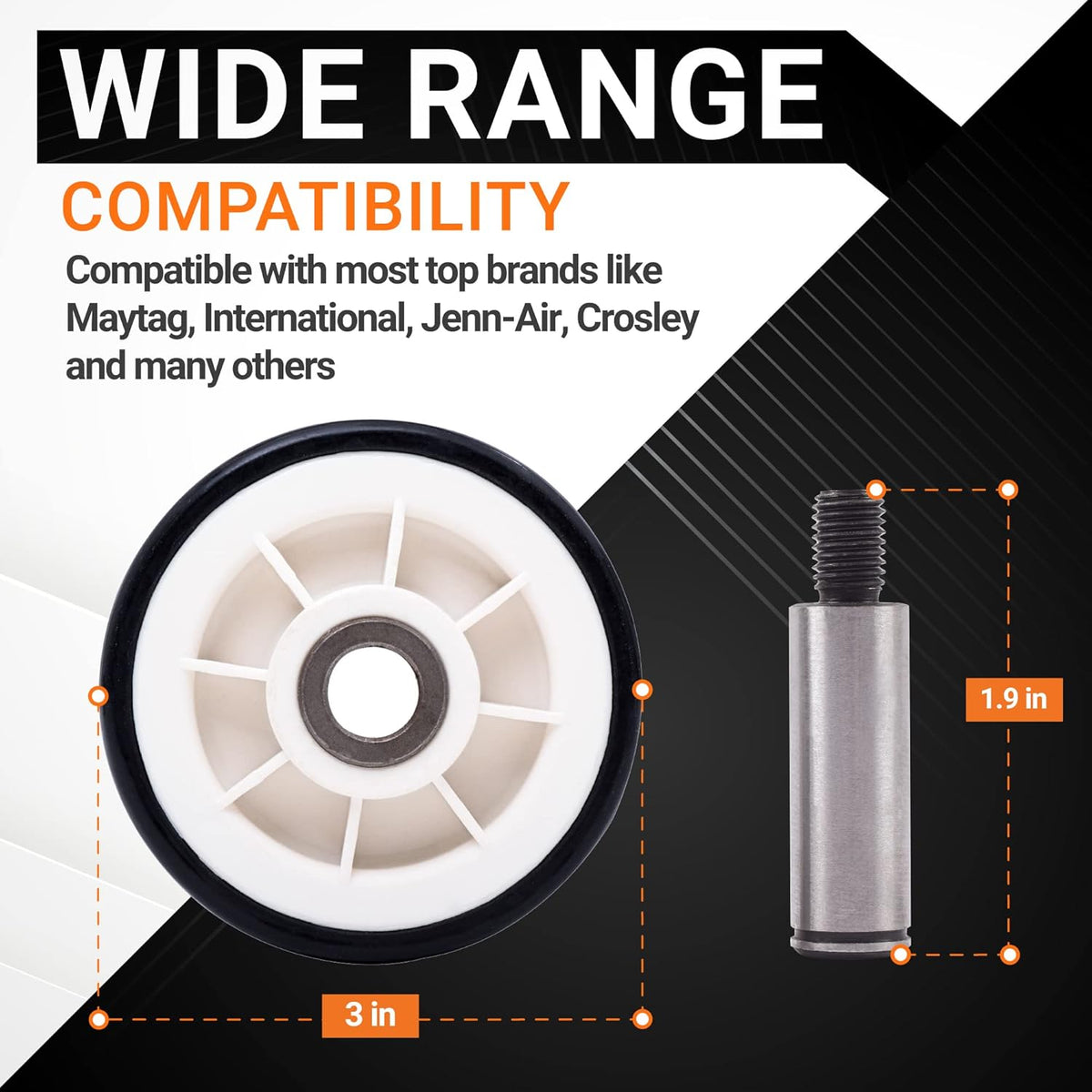 Dryer drum roller and shaft assembly with 3-inch diameter and 1.9-inch length dimensions for dryer repair.