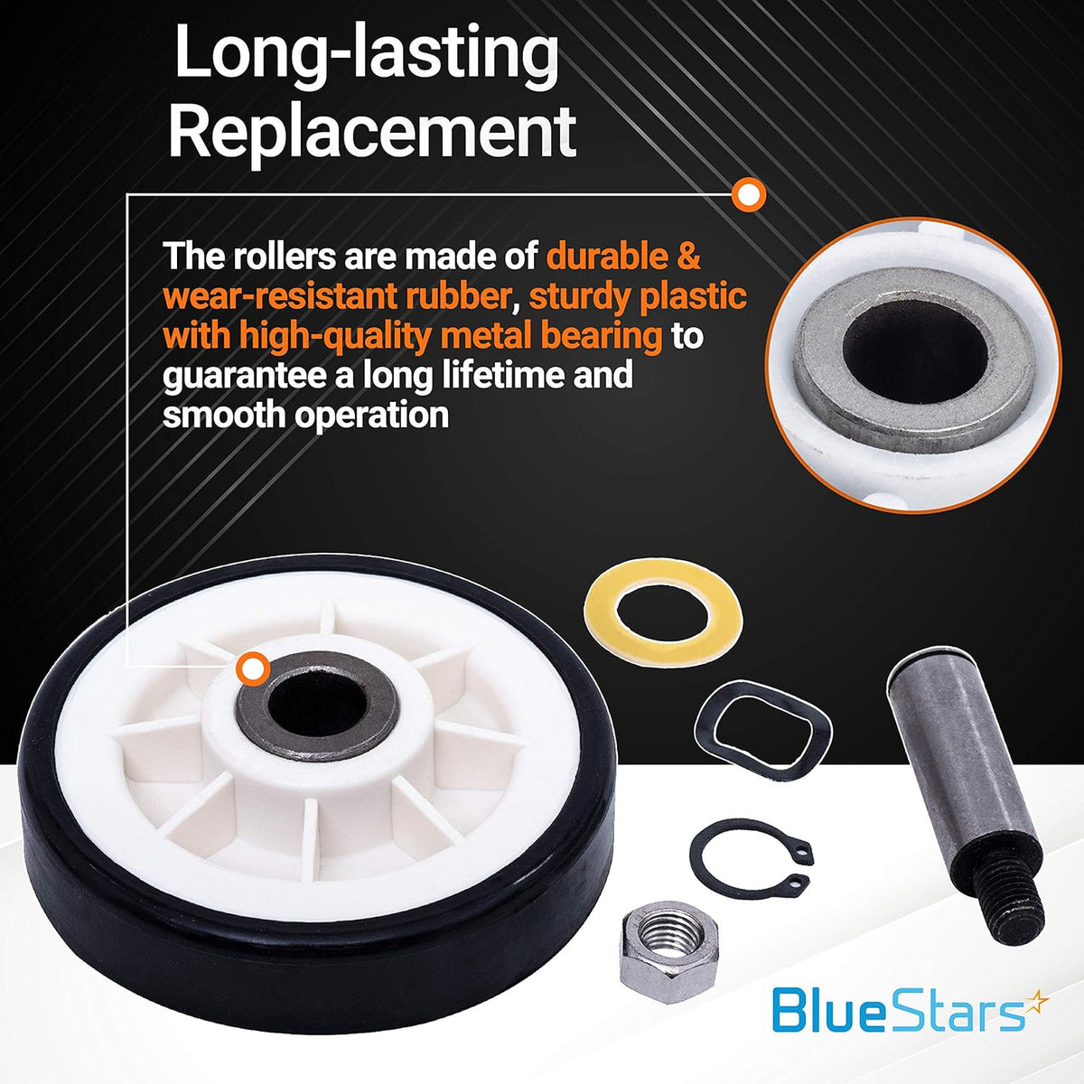 Dryer drum roller replacement kit with metal bearing, shaft, nut, and washers for dryer repair.