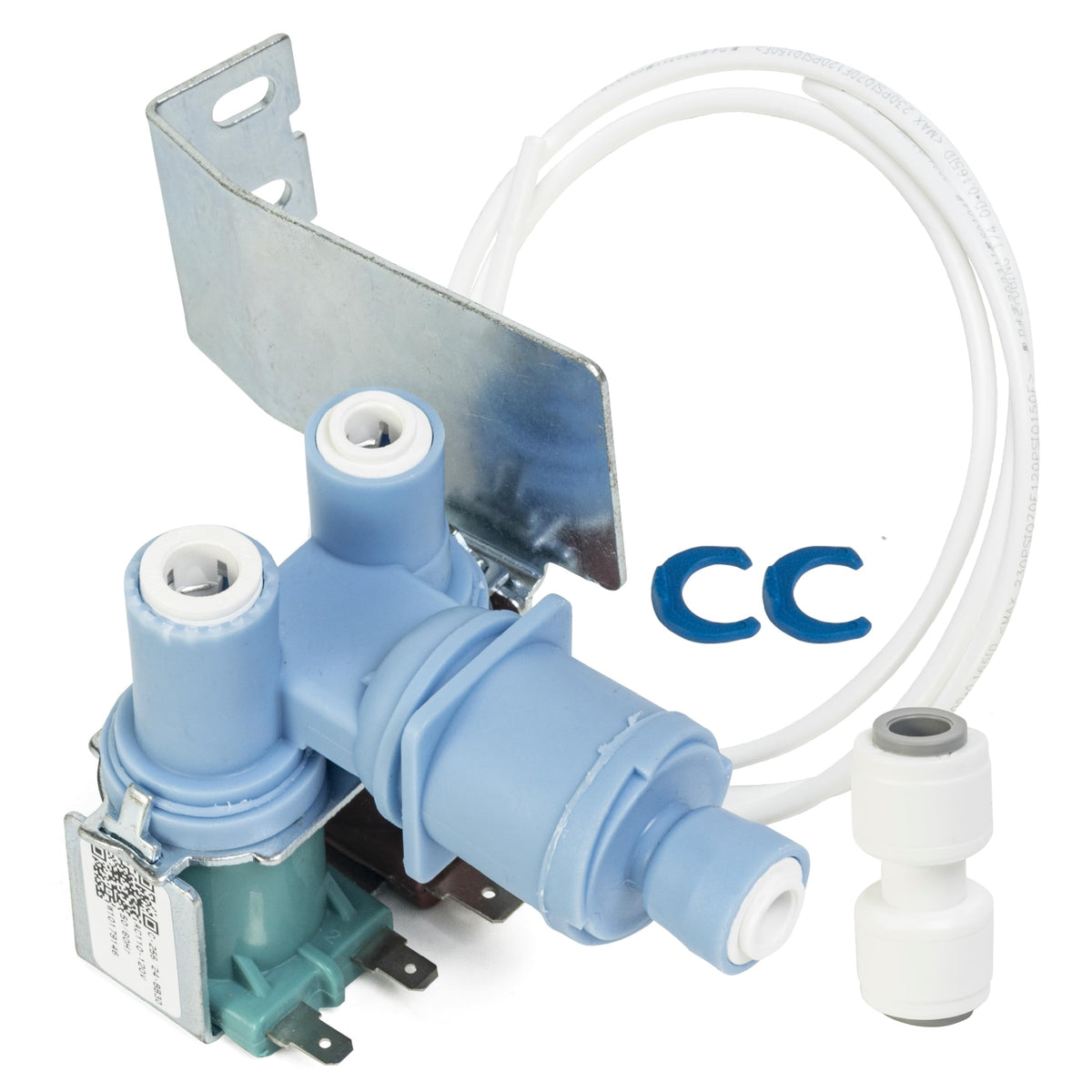 W10408179 refrigerator water inlet valve with mounting bracket, tubing, and blue locking clips