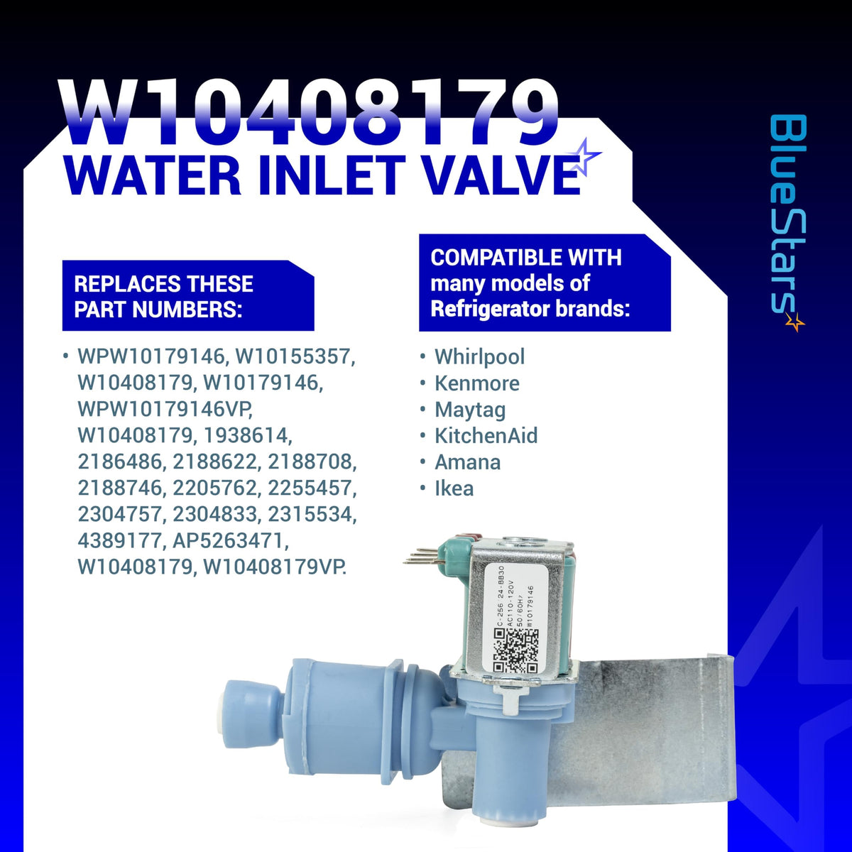 W10408179 refrigerator water inlet valve replacement part with compatibility list and technical specifications.
