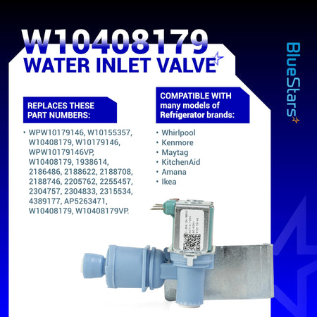 W10408179 refrigerator water inlet valve replacement part with compatibility list and technical specifications.