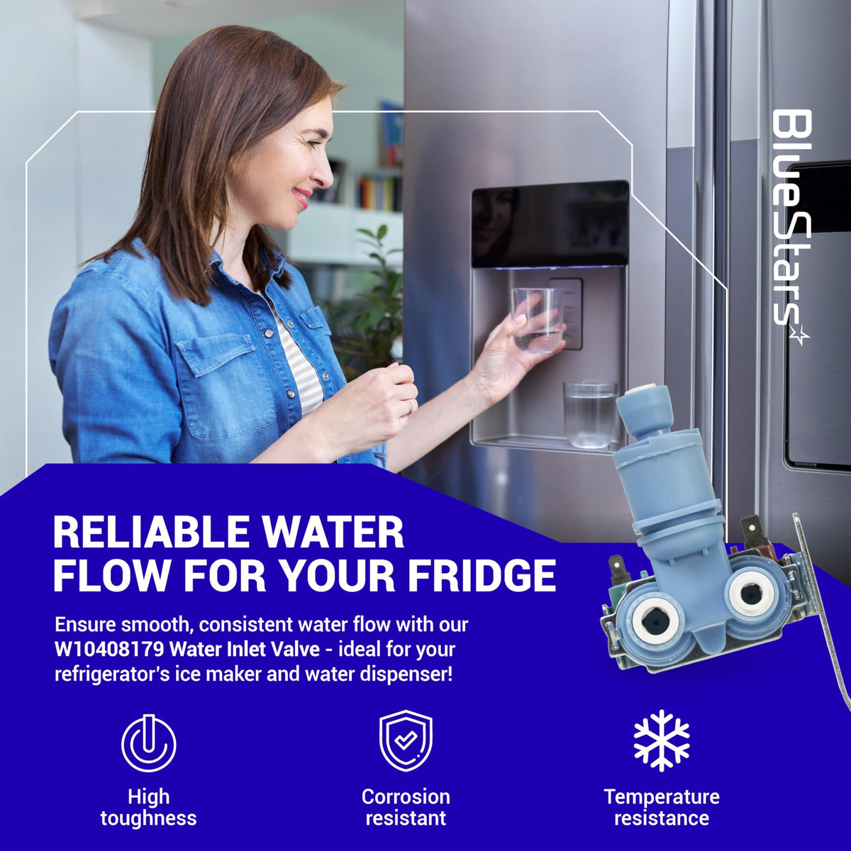 W10408179 refrigerator water inlet valve replacement part shown with a woman using a fridge water dispenser.