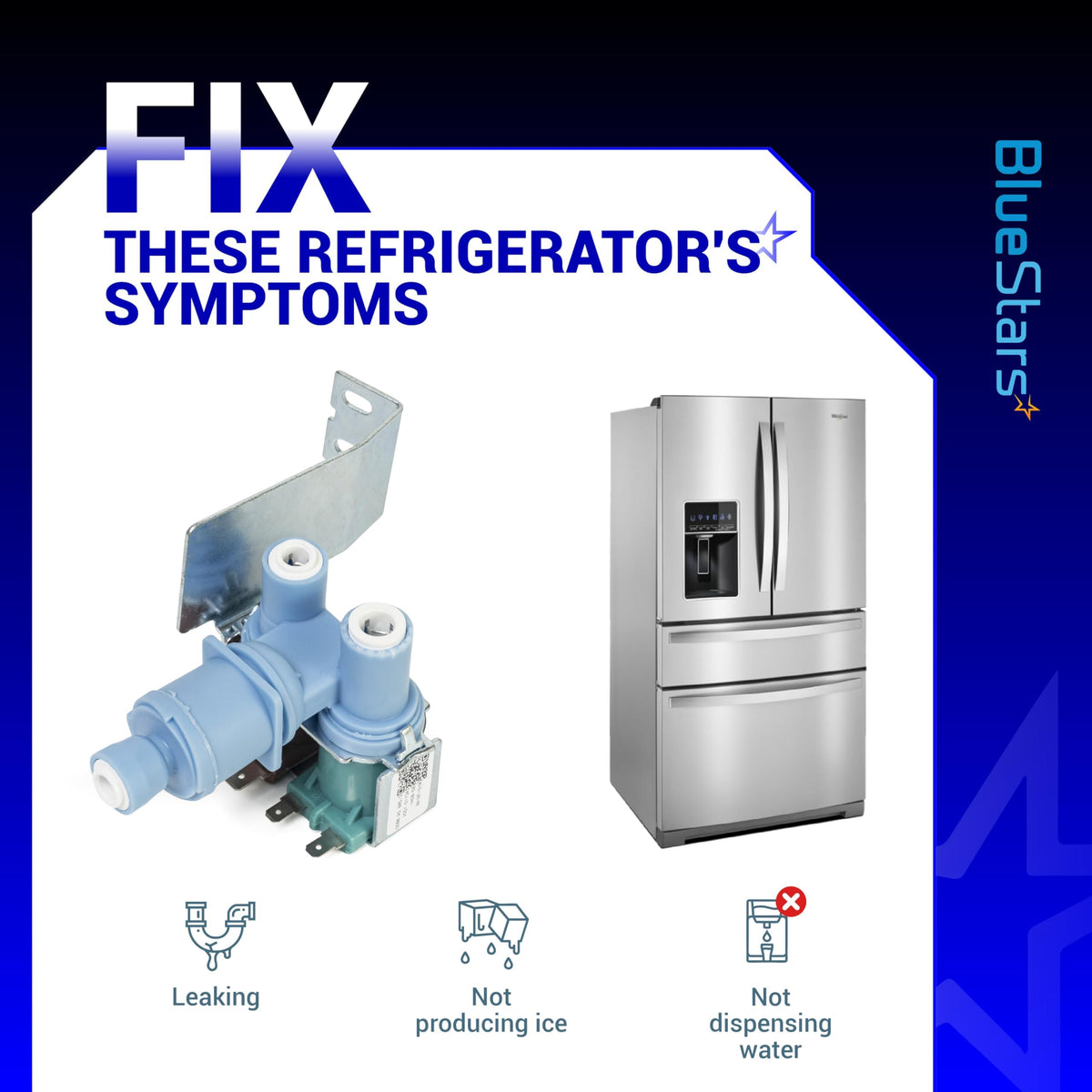 W10408179 water inlet valve for refrigerator showing common repair symptoms like leaking and ice maker issues.