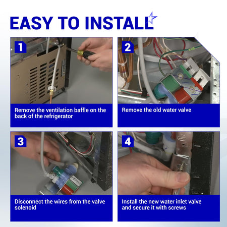 Four-step installation guide for W10408179 refrigerator water inlet valve replacement.