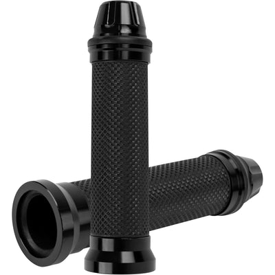 Pair of black CNC aluminum and rubber motorcycle hand grips for 7/8 inch handlebars.