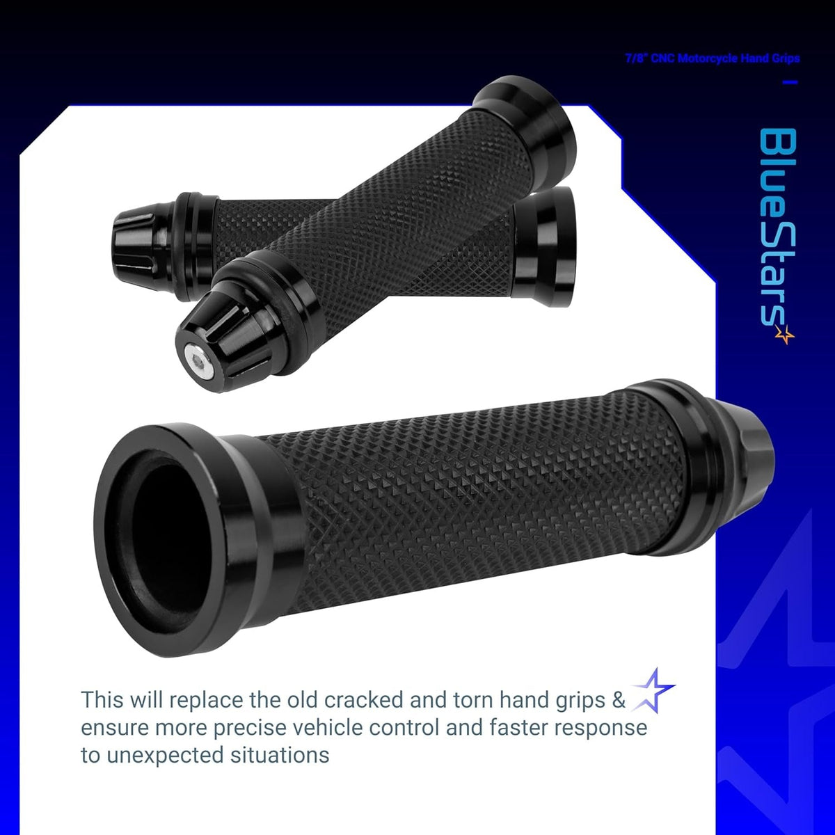 Pair of black CNC aluminum and rubber motorcycle hand grips for 7/8 inch handlebars.
