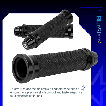 Pair of black CNC aluminum and rubber motorcycle hand grips for 7/8 inch handlebars.