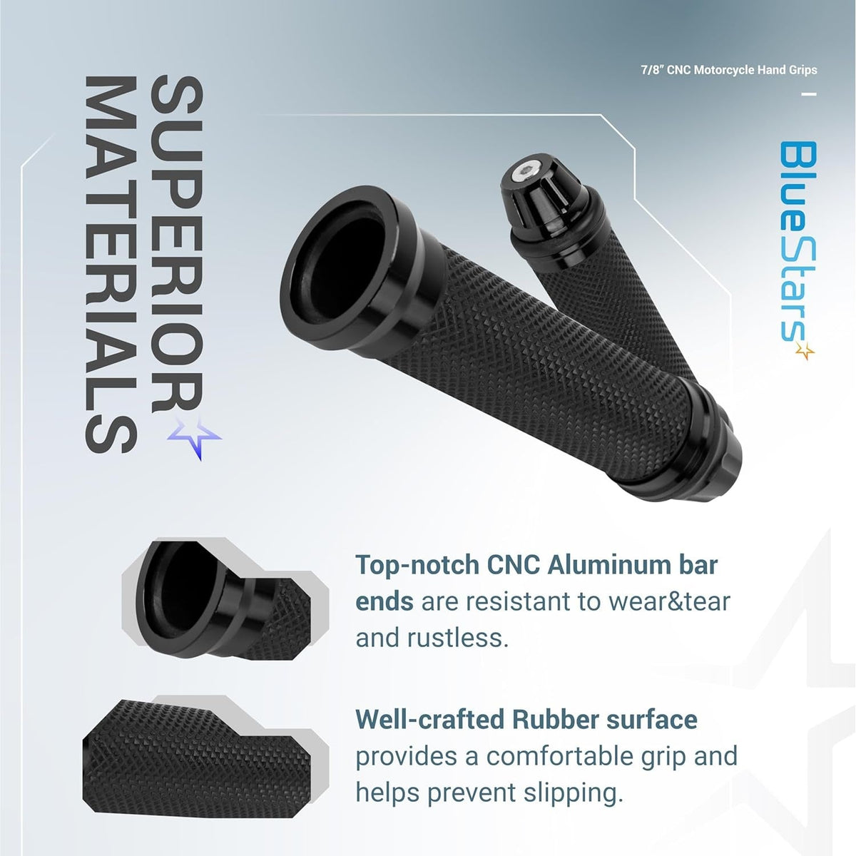 Pair of black CNC aluminum and rubber motorcycle hand grips for 7/8 inch handlebars with textured non-slip surface.