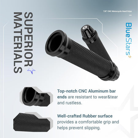 Pair of black CNC aluminum and rubber motorcycle hand grips for 7/8 inch handlebars with textured non-slip surface.
