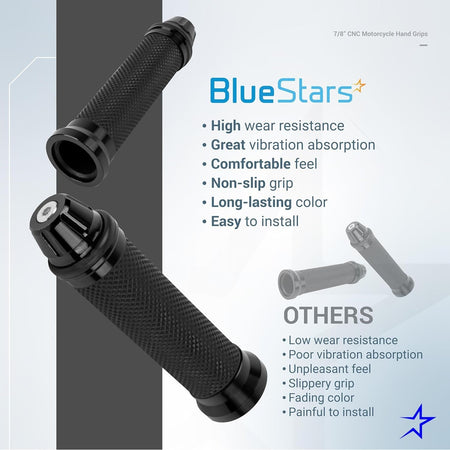 Comparison infographic showing BlueStars 7/8 inch CNC aluminum and rubber motorcycle hand grips features.