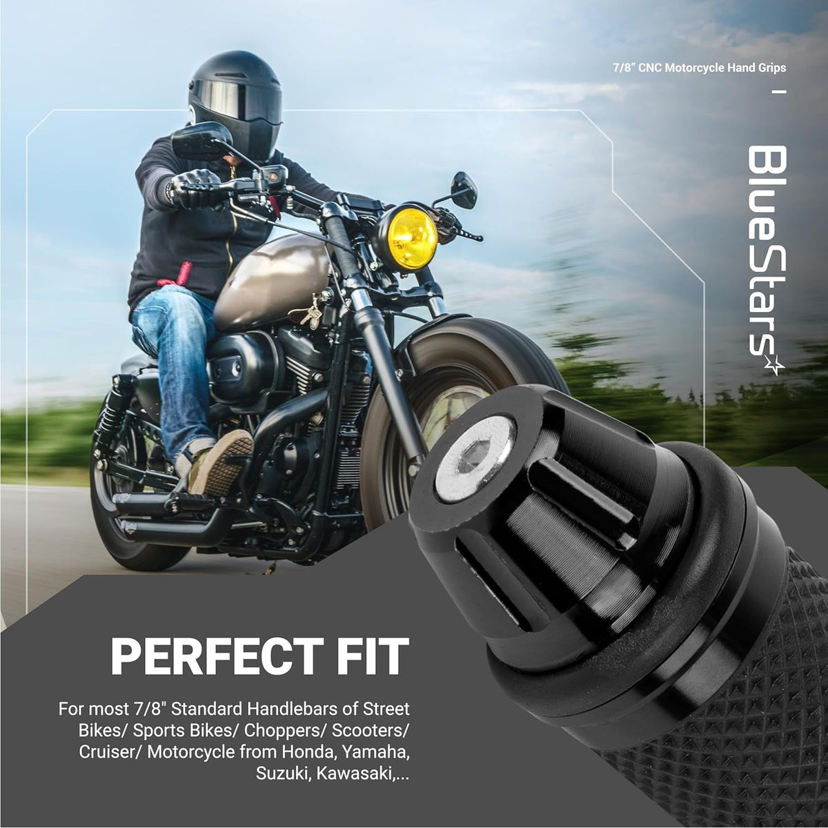 Close-up of black CNC aluminum and rubber motorcycle hand grip end cap for 7/8 inch handlebars.