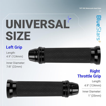 Infographic showing dimensions for 7/8 inch CNC aluminum and rubber motorcycle left and right throttle hand grips.