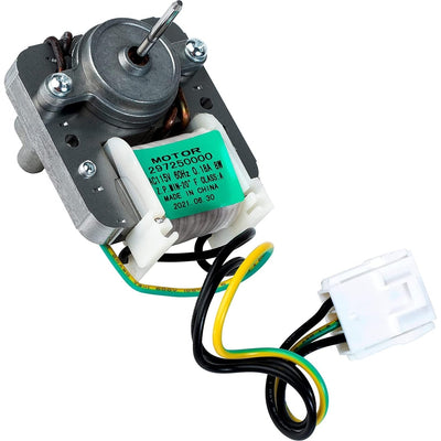 Refrigerator evaporator fan motor with wire harness and green label showing model 297250000.