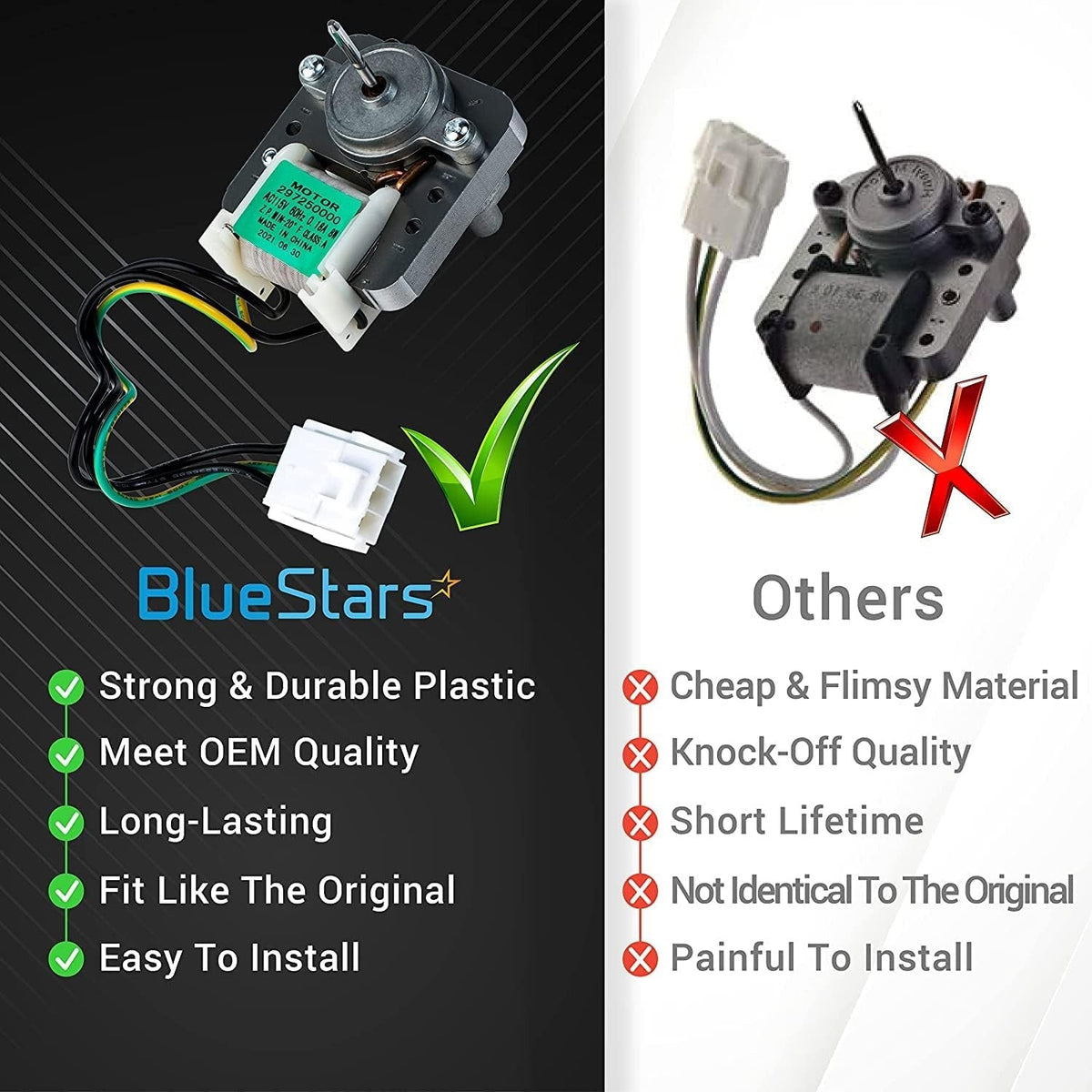 Comparison chart showing BlueStars refrigerator evaporator fan motor quality versus generic knock-off parts.