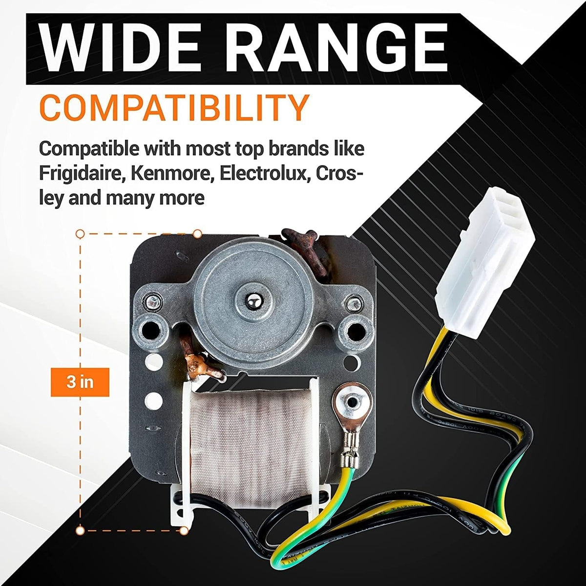 Refrigerator evaporator fan motor with wire harness showing 3-inch dimension for Frigidaire and Kenmore compatibility.