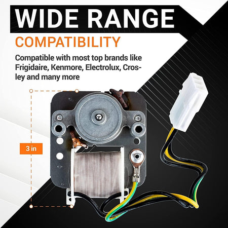 Refrigerator evaporator fan motor with wire harness showing 3-inch dimension for Frigidaire and Kenmore compatibility.