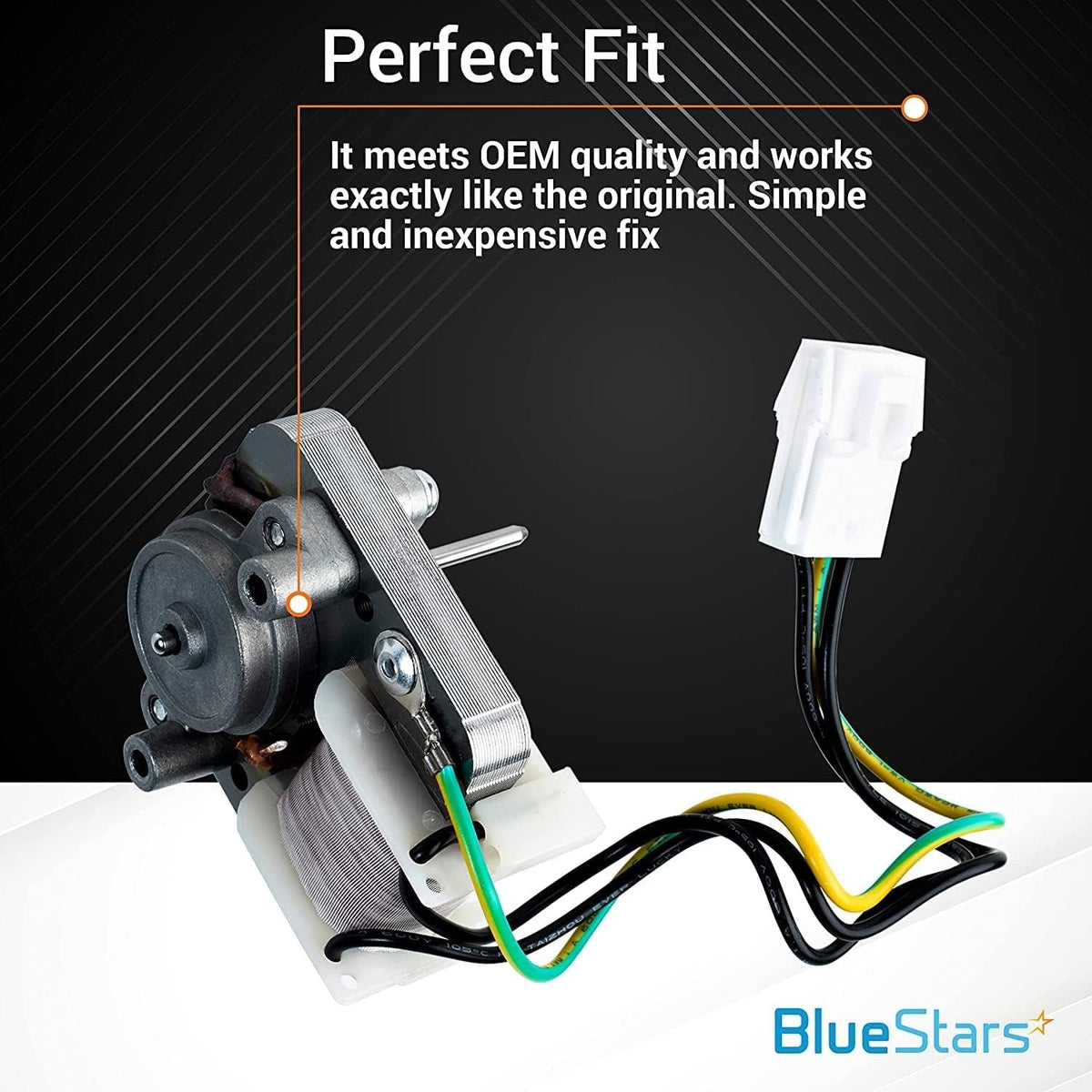 Refrigerator evaporator fan motor with wire harness for Frigidaire and Electrolux appliances.