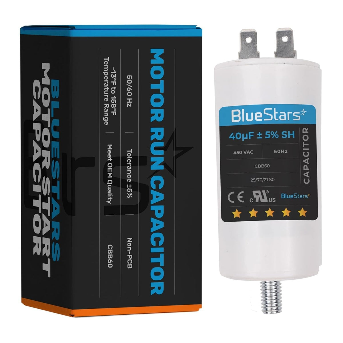 40 uF 450 VAC CBB60 motor run capacitor with screw base and its branded product packaging box.