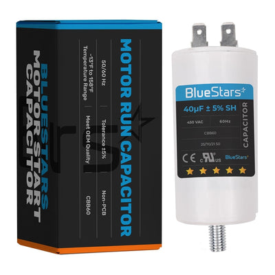 40 uF 450 VAC CBB60 motor run capacitor with screw base and its branded product packaging box.