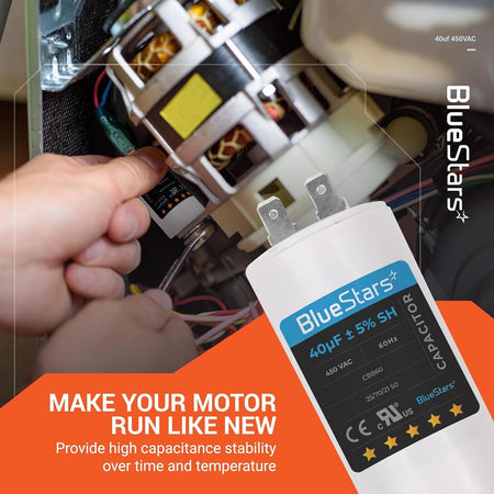 BlueStars 40uF 450VAC CBB60 run capacitor shown next to a motor being repaired.