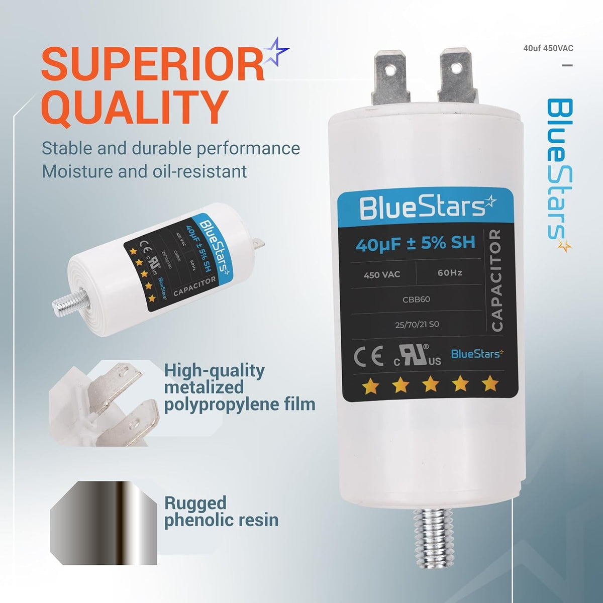 BlueStars 40uF 450VAC CBB60 run capacitor with screw stud, showing product features and technical specifications.