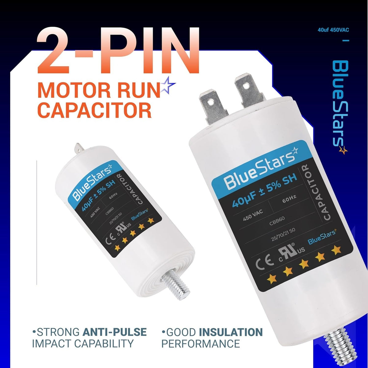Two BlueStars 40uF 450VAC CBB60 2-pin motor run capacitors with mounting screws.