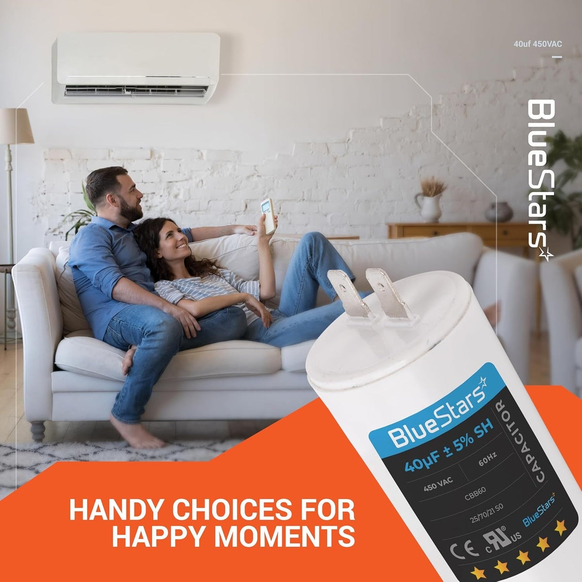 BlueStars 40uF 450VAC CBB60 run capacitor for AC motors shown in a lifestyle advertisement.
