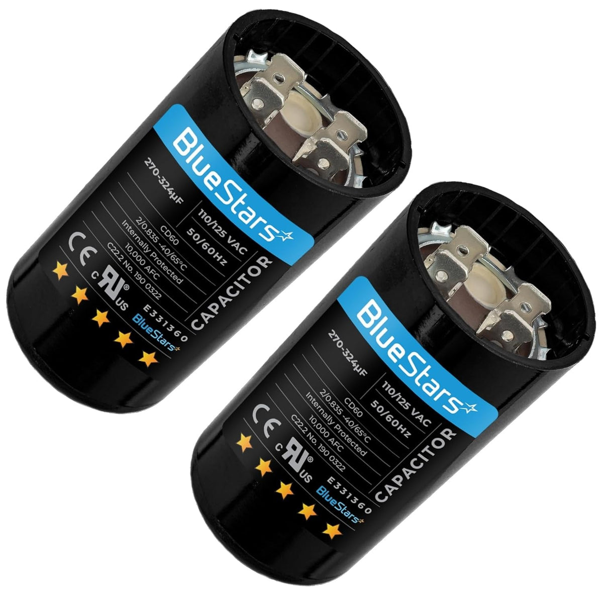 Two BlueStars 270-324 uF 110-125 VAC round motor start capacitors for pool and well pumps.