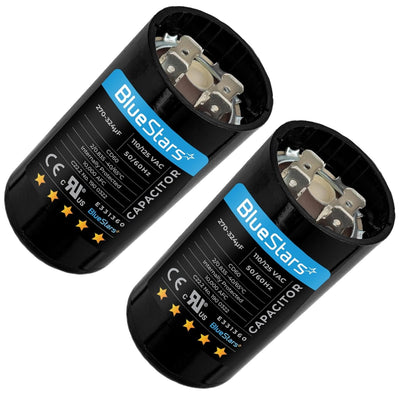 Two BlueStars 270-324 uF 110-125 VAC round motor start capacitors for pool and well pumps.