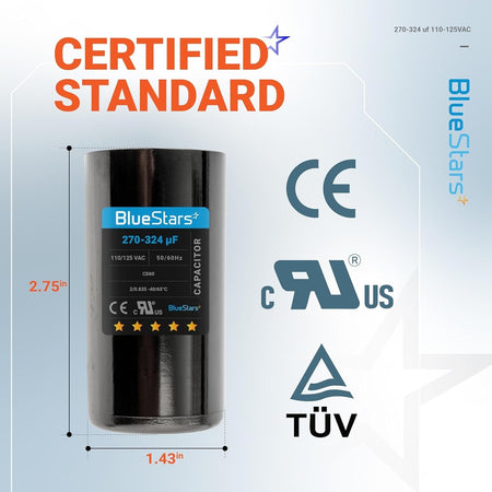 BlueStars 270-324 uF 110-125 VAC round motor start capacitor with dimensional specifications and certification logos.