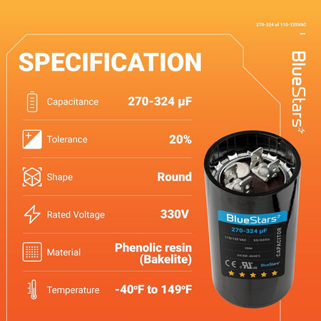 Specification chart for 270-324 uF 110-125 VAC round motor start capacitor with technical details.